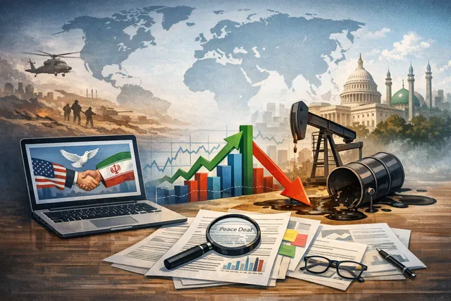 An abstract visualization of global financial market data, oil price charts, and bond yield curves, representing the unwinding of the haven trade after the US-Iran peace deal.