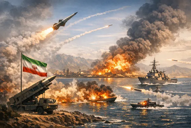 Geopolitical illustration showing the Strait of Hormuz, U.S. and Iranian military assets, and a negotiating table, with the conflict's tension symbolized by a cracked ceasefire agr