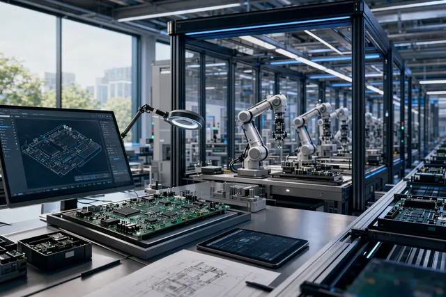 Automated robotics factory assembling electronic circuit boards representing CircuitHub’s Grid manufacturing system