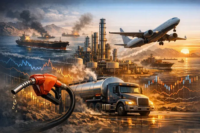 Oil refinery and fuel tankers representing the refined-fuel supply crisis caused by the Iran war and Strait of Hormuz closure