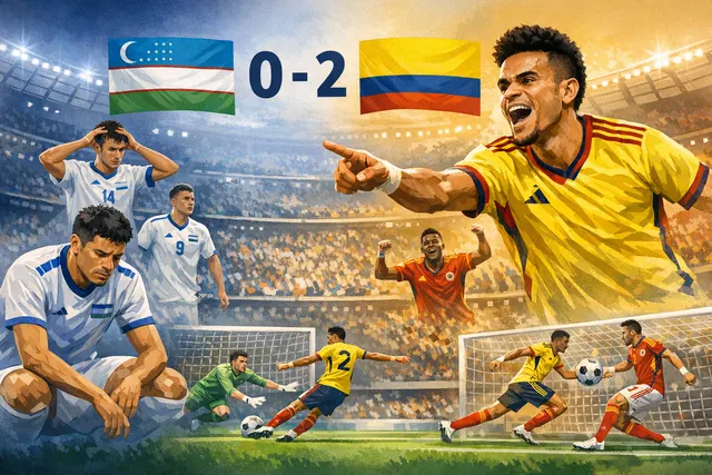 An AI-generated image depicting a dramatic World Cup football match scene between Colombia and Uzbekistan at a large stadium.