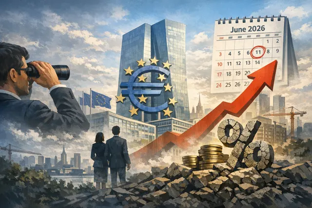 Digital illustration of a deflating euro currency symbol with a single uptick arrow, representing a one-off ECB rate hike against a backdrop of the European Central Bank in Frankfu