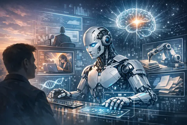 Abstract editorial illustration of artificial intelligence operating across digital networks and computer systems