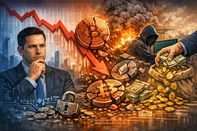 A cracked digital coin on a dark financial chart representing crypto's failed-asset-class verdict by analyst Alex Krüger in 2026.