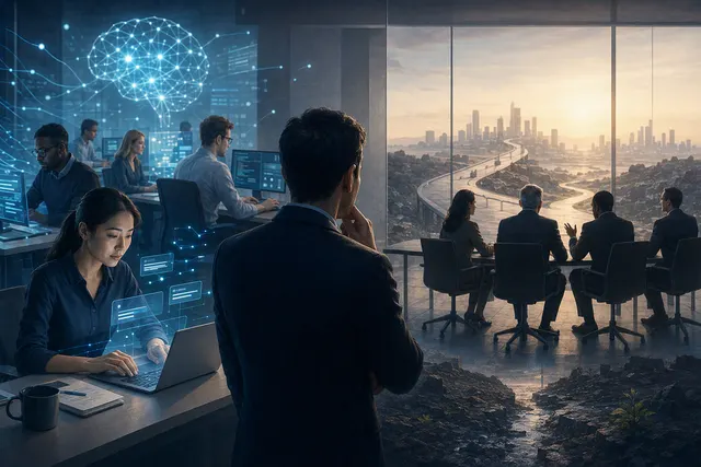 Illustration representing AI adoption, business workflows and the challenge of measuring financial returns