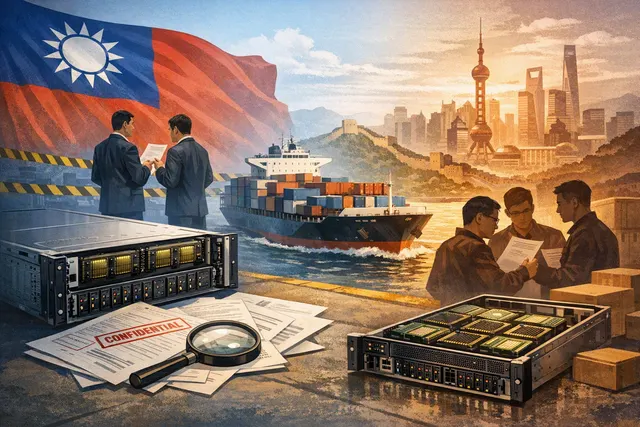 Editorial illustration of AI servers and Nvidia chips moving through an international export-control route