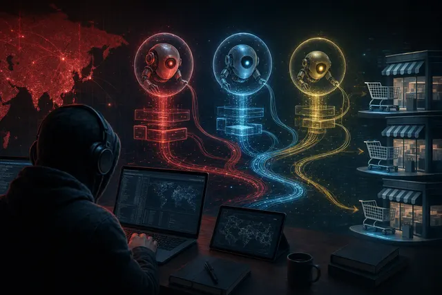 Illustration representing three AI agents coordinated in a cyberattack workflow