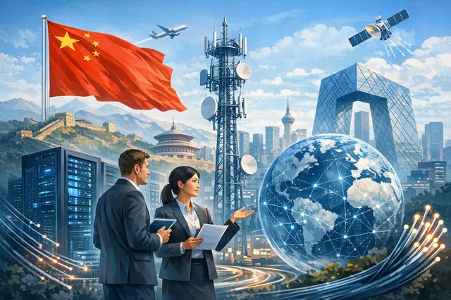 Illustration of China's MIIT opening value-added telecom services to foreign companies, showing a map of China with highlighted pilot zones in Beijing, Shanghai, Shenzhen, and Hain