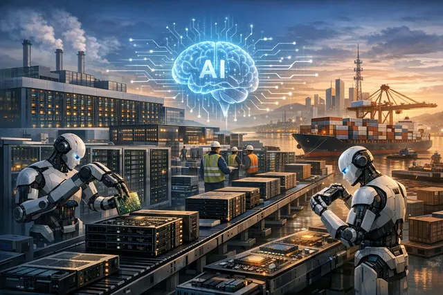 A glowing AI chip on a circuit board backdrop, illustrating the massive capital expenditure reshaping the global technology hardware supply chain.