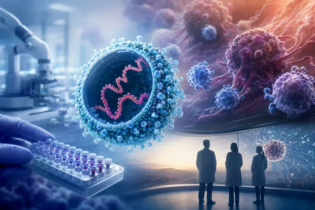 Editorial illustration of mRNA cancer therapy research and personalized oncology