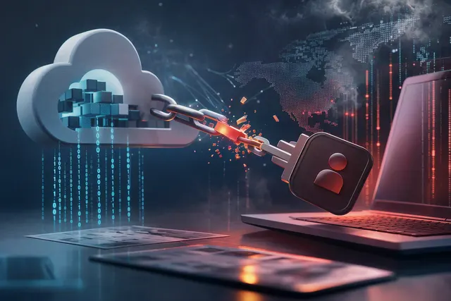Editorial illustration of cloud applications connected to Microsoft 365 tenants, representing a software supply-chain security incident.