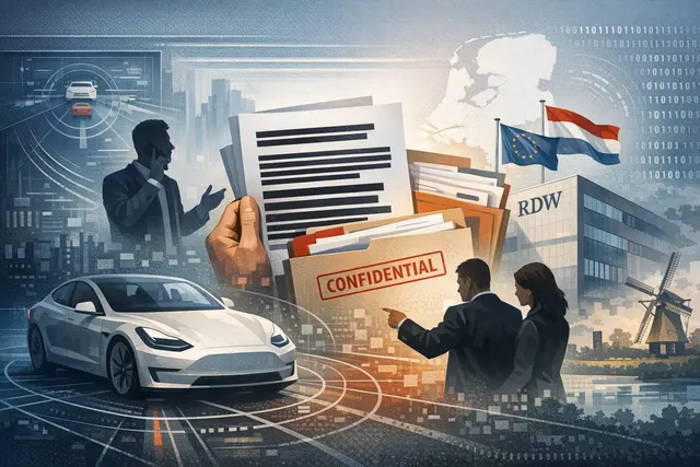 AI-generated visual representation of Tesla's Full Self-Driving (FSD) system and the Dutch RDW regulatory documents