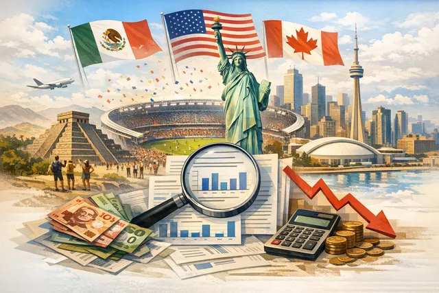 Collage of three 2026 World Cup host city stadium silhouettes with a downward-trending economic graph overlaid, representing missed tourism forecasts across Mexico, the US, and Can