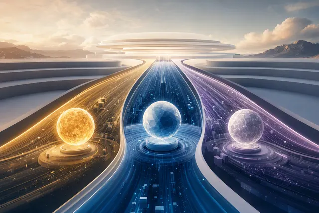 Abstract editorial illustration representing OpenAI GPT-6 Astra, Sol, and Luna model tiers