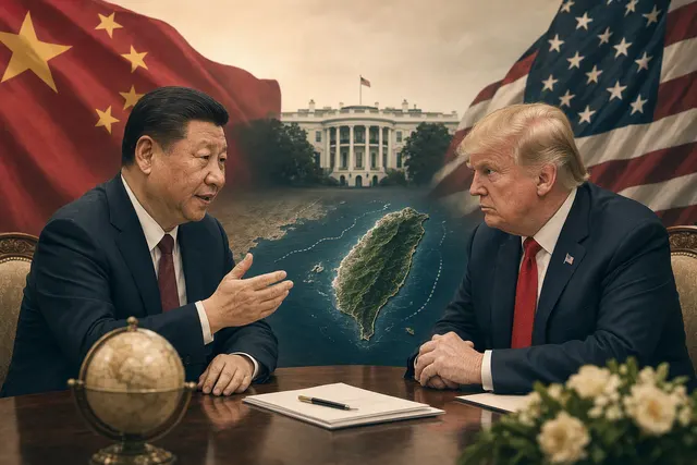AI-generated editorial illustration about Xi Jinping’s Taiwan demand at the Trump White House summit
