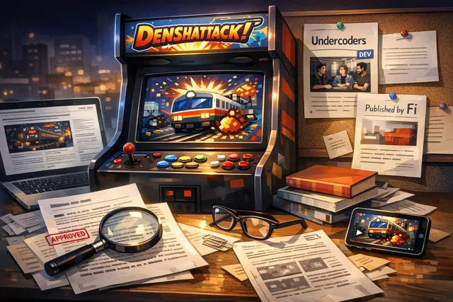 A neon-lit, anime-style train performing a kickflip over abandoned railway tracks in a dystopian Japanese cityscape under a dome, representing Denshattack!'s Tony Hawk meets Jet Se