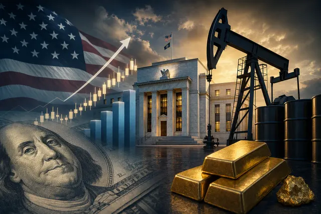 AI-generated editorial illustration accompanying an article about falling gold prices and rising Treasury yields