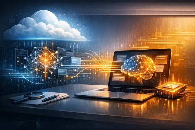 Illustration of Perplexity Hybrid Compute routing AI work between cloud models and a local Apple-silicon Mac