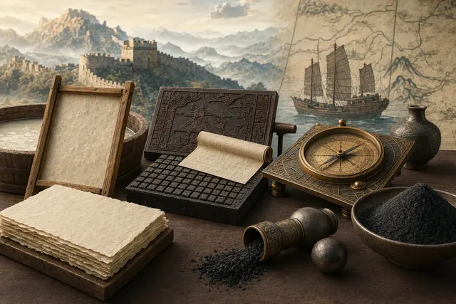 AI-generated editorial illustration representing the Four Great Inventions of ancient China