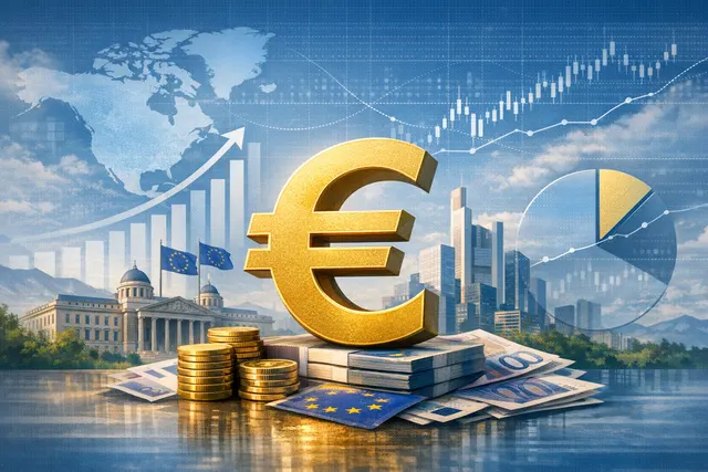 Artistic representation of the euro currency symbol blending with a green sustainable finance graph and a fragmenting globe, reflecting the ECB's 2025 report findings.