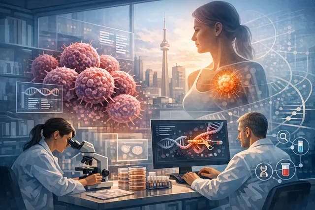 Illustration of CRISPR gene-editing tool targeting DNA strands, representing the CRISPR-KOALA technology developed for breast cancer research.