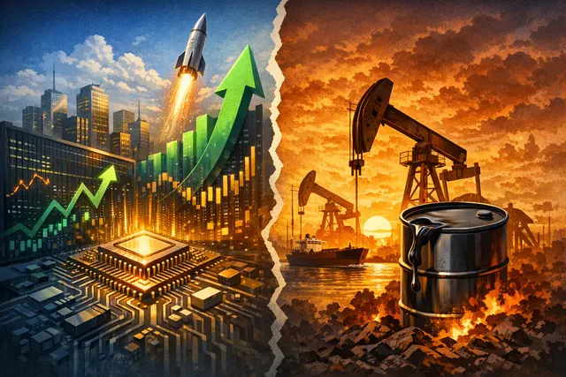 What explains the simultaneous surge in global stock markets to fresh record highs and the sharp rise in oil prices, given the suspension of