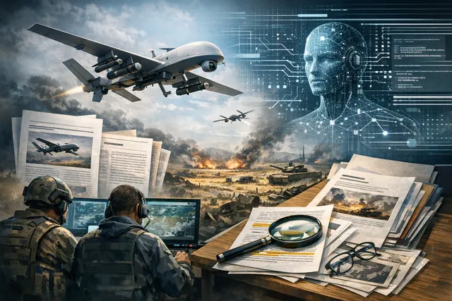 A conceptual illustration of an AI-powered drone swarm against a night sky, representing the autonomous drone arms race in Ukraine.