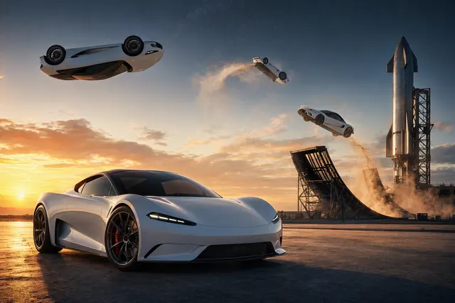 AI-generated editorial illustration for an article about Tesla’s second-generation Roadster prototype reveal