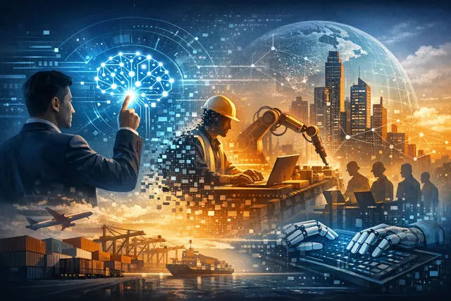 Abstract visualization of the global outsourcing industry being reshaped by artificial intelligence, replacing human labor pipelines with automated digital systems