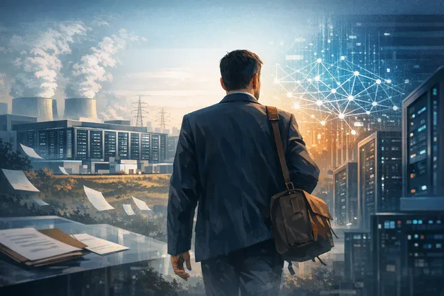 Editorial illustration of OpenAI data-center infrastructure and executive reorganization