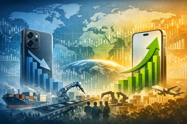 A split image representing Apple's rise and Samsung's decline in the 2026 Q1 smartphone market, with a chip shortage visual behind them.