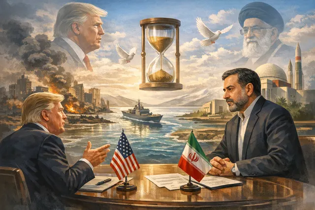 Illustration of diplomatic efforts between Iran and the United States, depicting a negotiating table with flags and a map of the Strait of Hormuz