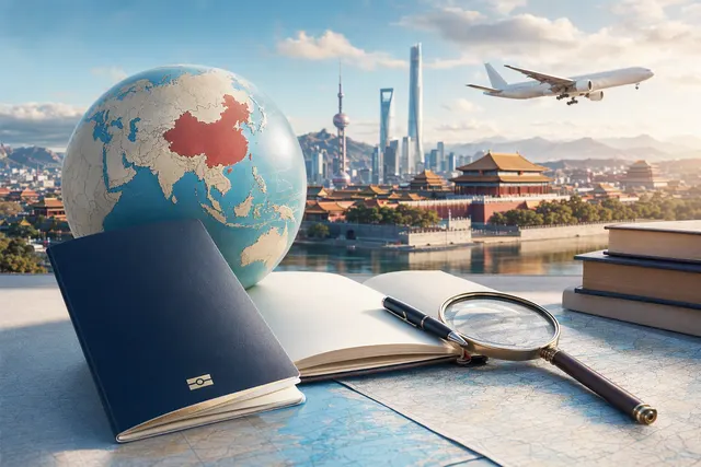 Editorial illustration representing visa-free travel to China
