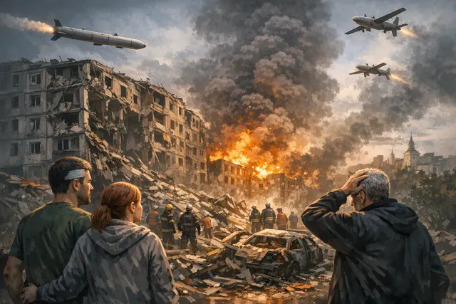 Aftermath of a Russian drone and missile strike on a Ukrainian city on June 8-9, 2026, as Ukraine's aerial war escalates.