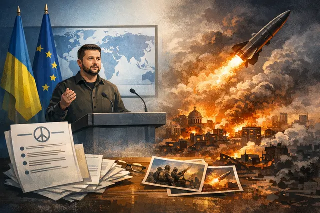AI-generated editorial hero image for the article on Zelenskyy's dual strategy of peace talks and drone strikes in the Ukraine-Russia war