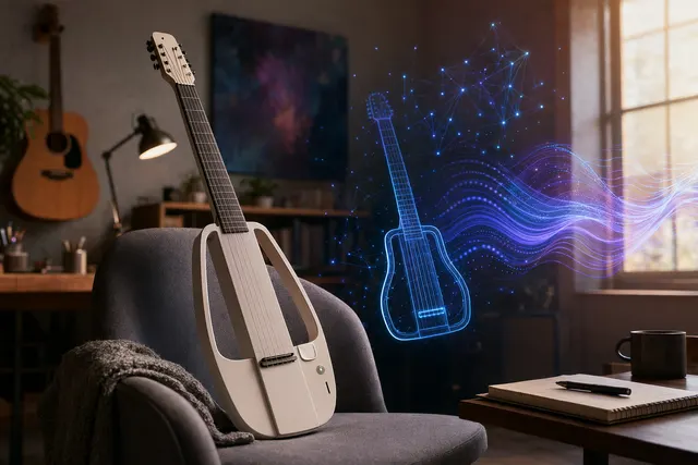 Concept illustration of the TemPolor Melo‑D generative AI guitar with LED fret guidance and touchscreen