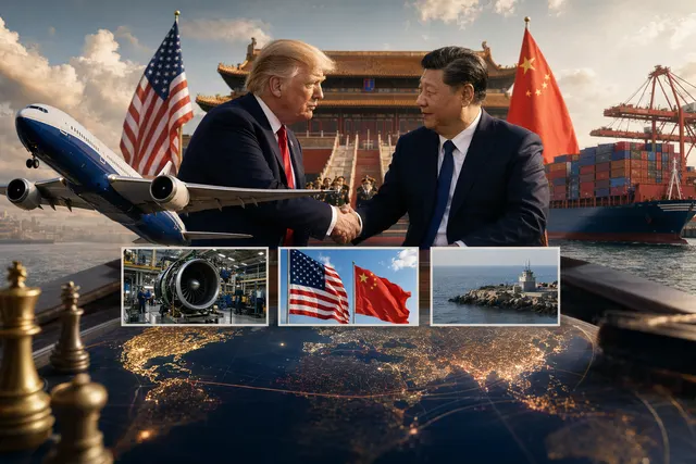 Illustration of Trump and Xi meeting in Beijing with airplanes and global trade symbolism
