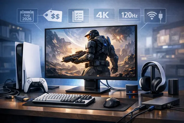 PlayStation-branded 27-inch gaming monitor with a retractable DualSense charging hook on a desktop