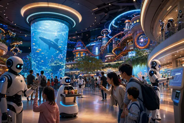 AI-generated illustration accompanying an article about robots at Chimelong Spaceship Park