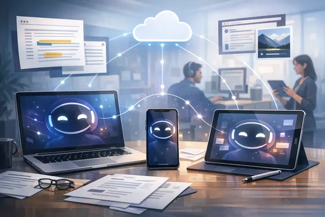 Abstract digital illustration of cloud-connected devices representing Claude Cowork's new cross-device capabilities