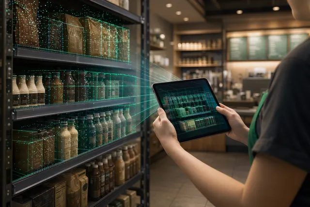 Illustration of a tablet scanning shelves for inventory using AI vision in a coffee shop environment