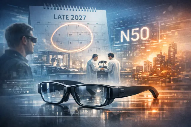 Conceptual mockup of Apple's N50 smart glasses with acetate frames and a vertical oval camera lens, in ocean blue.