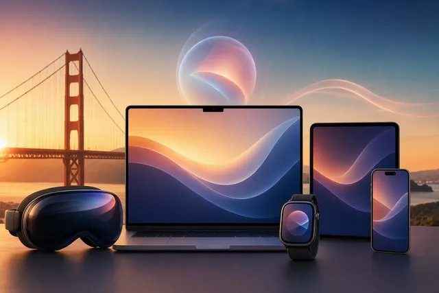Editorial illustration representing Apple’s September 2026 software updates, including macOS 27 Golden Gate and watchOS 27