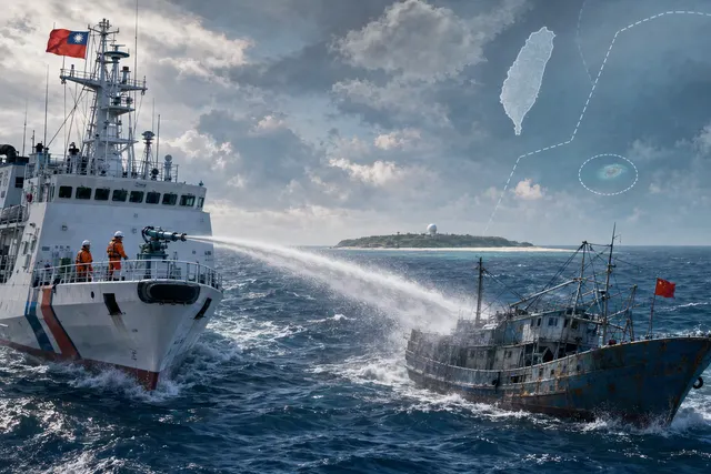 Illustration of a coast-guard vessel confronting a fishing boat at sea near Dongsha; this is not documentary footage of the Jin Sha incident.