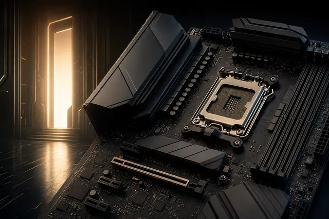 Editorial illustration of a next-generation desktop motherboard teaser for Computex 2026.