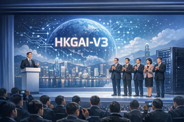 AI-generated editorial image representing Hong Kong's HKGAI V3 AI model launch, showing a futuristic digital skyline with AI agent workflows.
