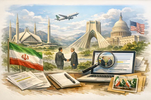 Iranian President Masoud Pezeshkian and Pakistani Prime Minister Shehbaz Sharif at a joint press conference in Islamabad, with flags of Iran and Pakistan in the background.