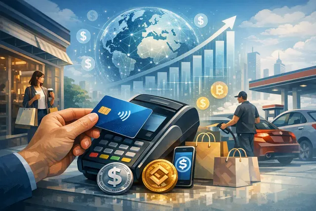 Digital dollar stablecoins flowing from a crypto wallet into a contactless card payment at an everyday store