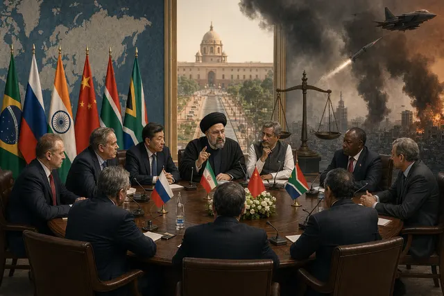 Diplomats meeting at a BRICS foreign ministers summit discussing the Iran conflict and global economic tensions