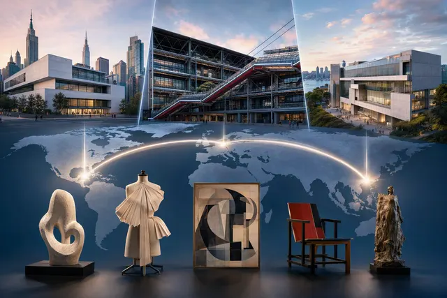 Editorial illustration representing museum collections shared among New York, Paris and Hong Kong